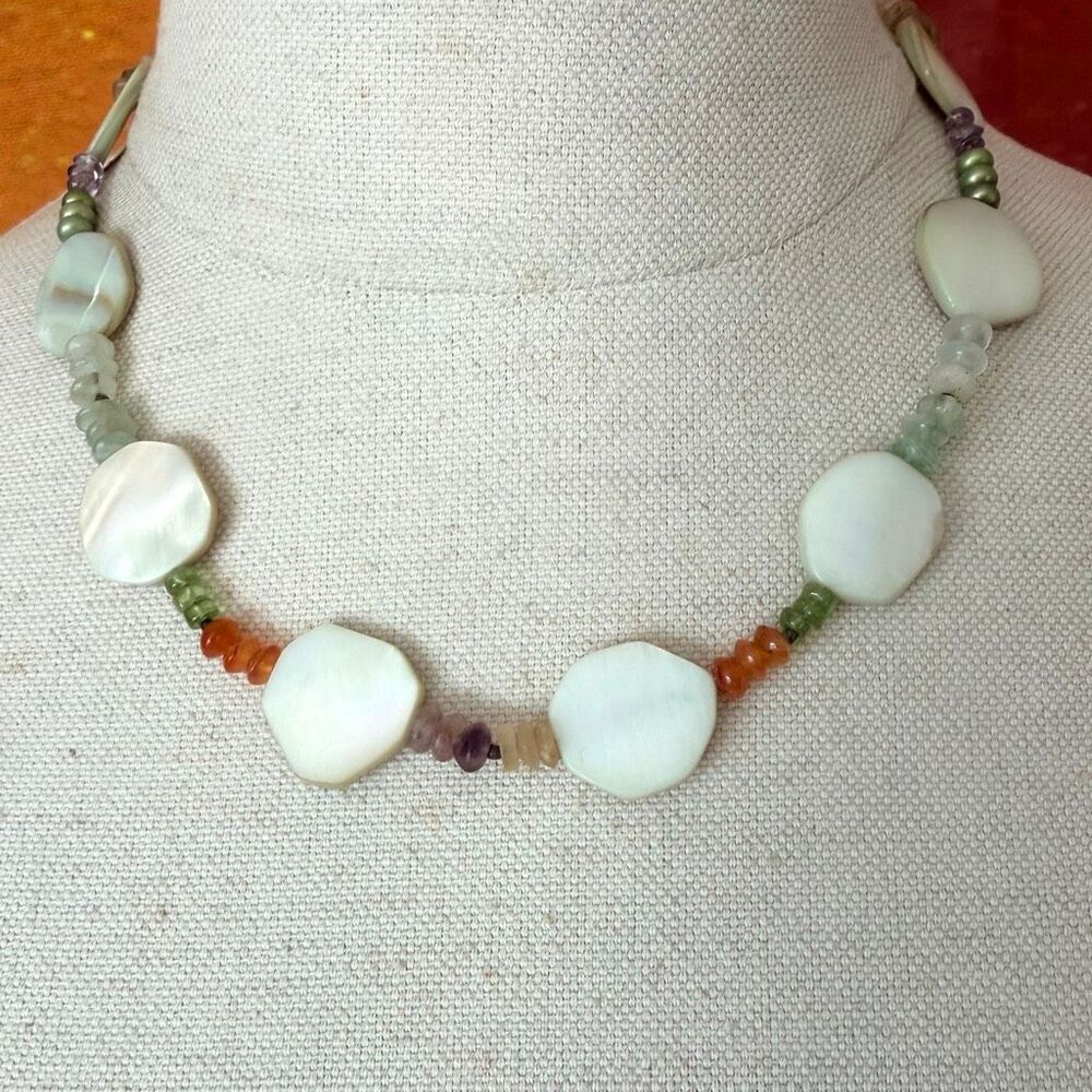 Mother of Pearl Multi Gemstone Pearl Necklace Sterling Silver Clasp